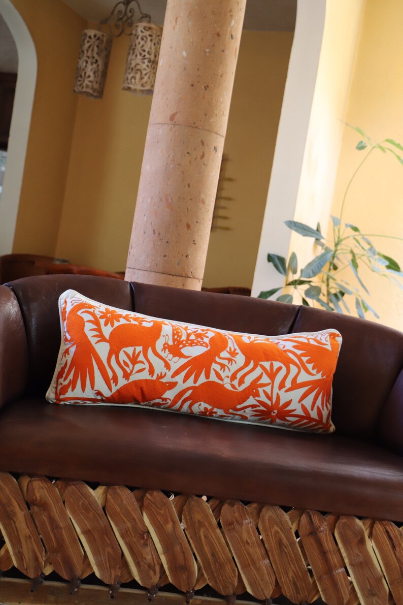 Tangerine orange Otomi Sham backed and piped with handwoven artisan rustic eco textiles