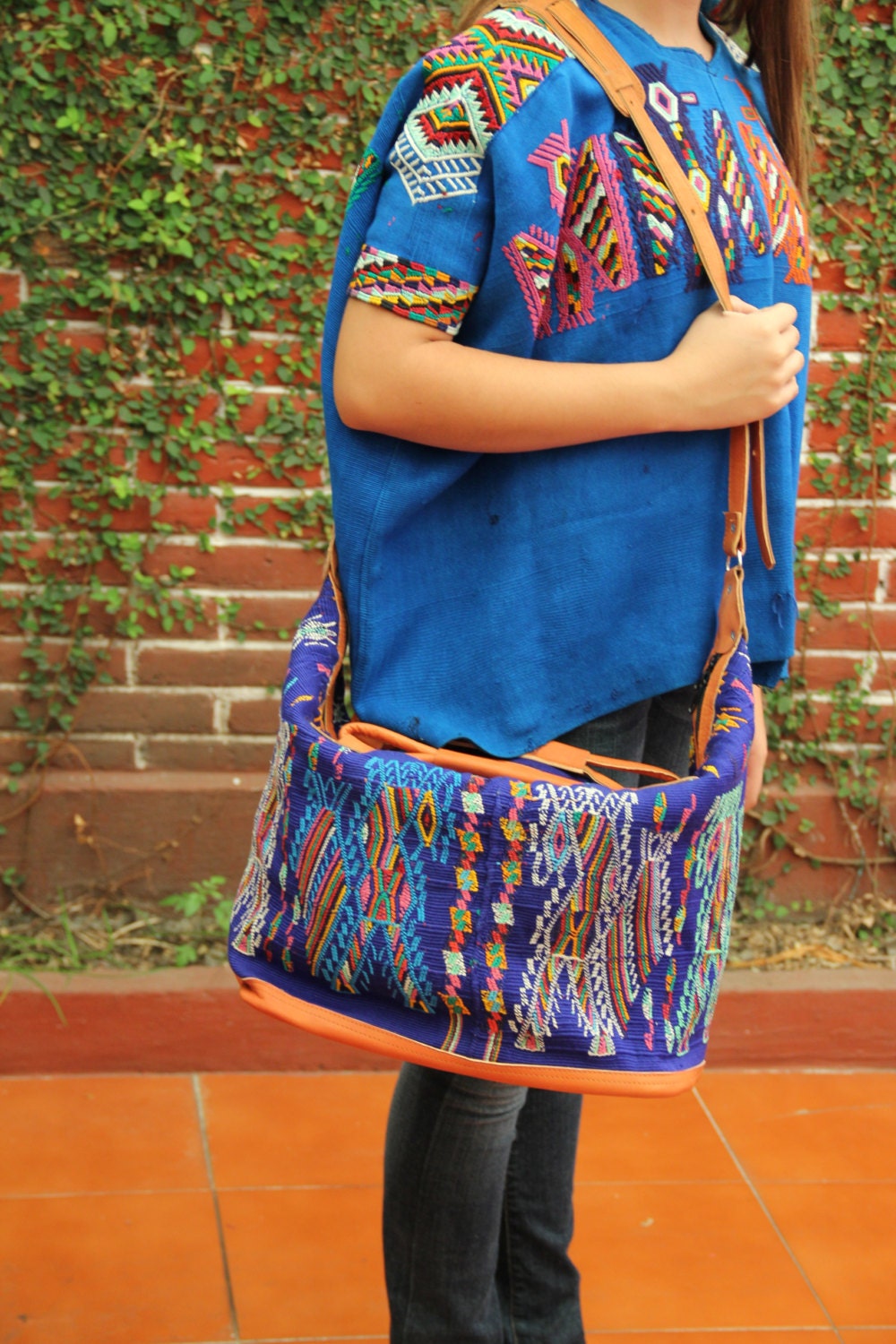 Viajera travel tote huipil and leather