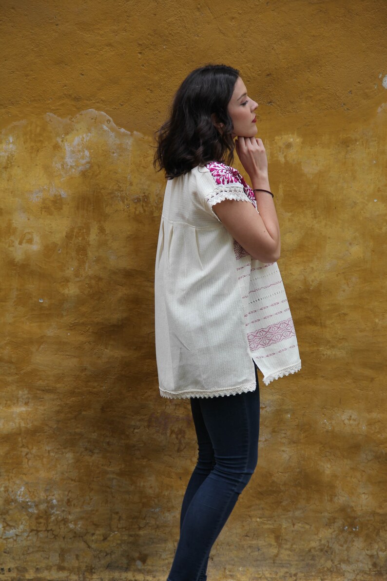 Small to Medium Wine and Beige Two Birds de Paz hand woven and hand embroidered blouse