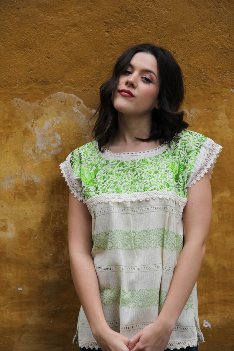 Xs to Small Lime and Beige Two Birds de Paz hand woven and hand embroidered blouse