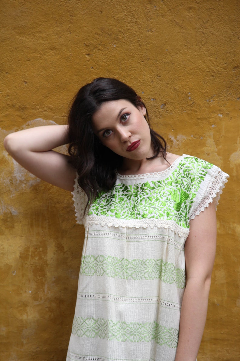 Xs to Small Lime and Beige Two Birds de Paz hand woven and hand embroidered blouse