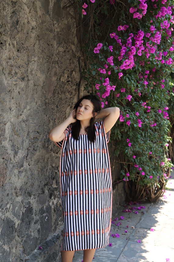 Black and white stripes with orange embroidery work Gorgeous Backstrap loom huipil