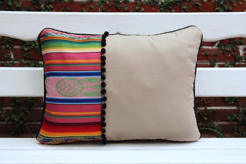 Lumbar Pillow with handwoven textiles accents and cotton canvas