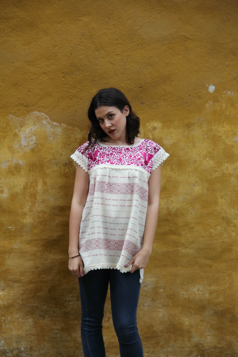 Small to Medium Wine and Beige Two Birds de Paz hand woven and hand embroidered blouse
