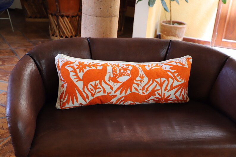 Tangerine orange Otomi Sham backed and piped with handwoven artisan rustic eco textiles