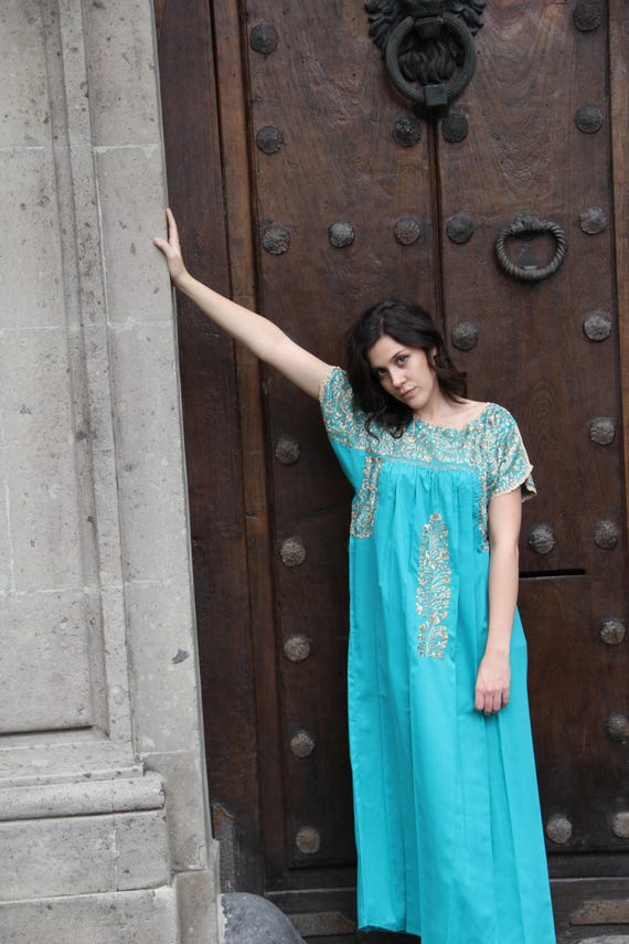 Seafoam And Antique Gold Embrodery Mexican Wedding Dress Etsy