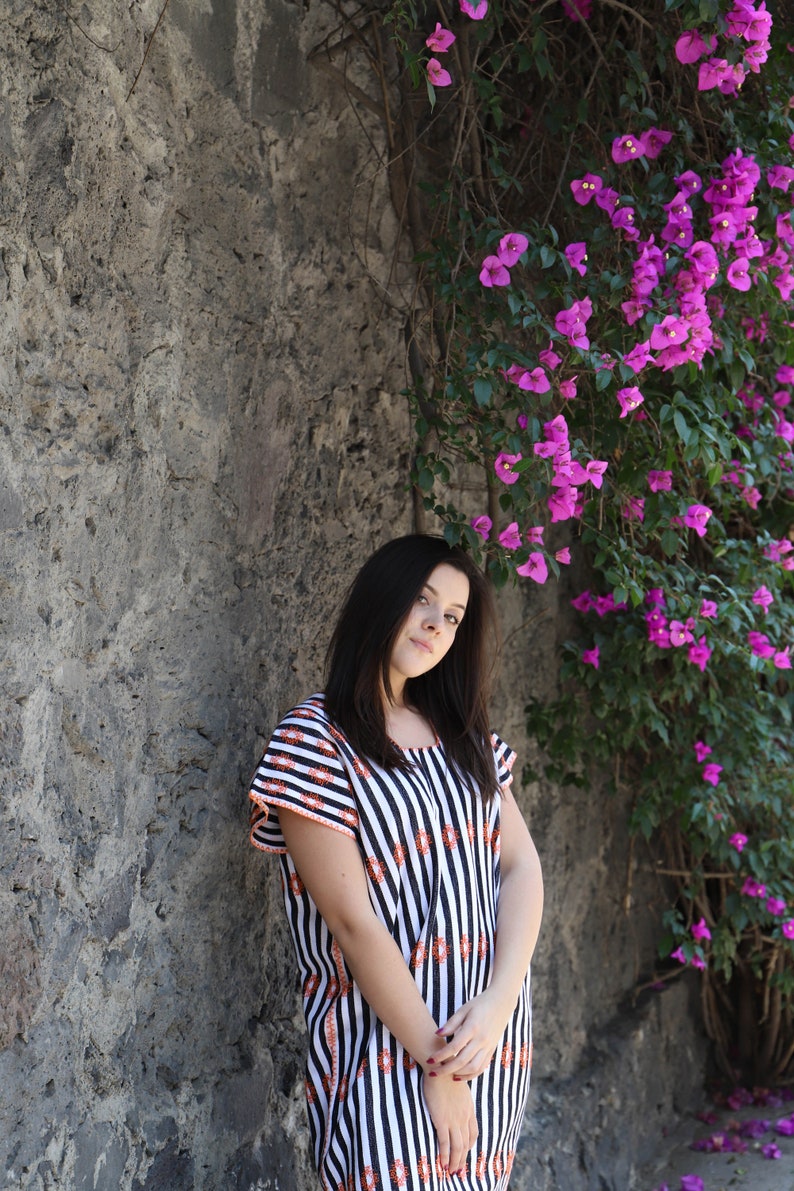 Black and white stripes with orange embroidery work Gorgeous Backstrap loom huipil