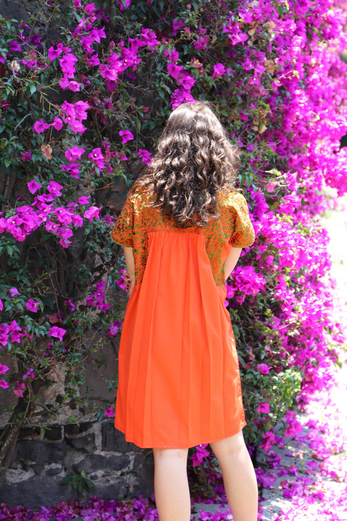 Short Orange With Olive Green Embroidery Mexican Wedding Dress Etsy