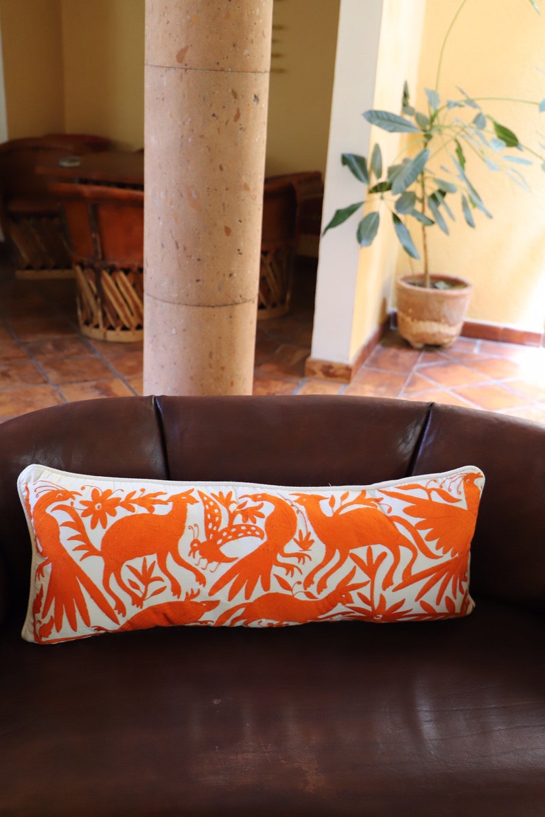 Tangerine orange Otomi Sham backed and piped with handwoven artisan rustic eco textiles