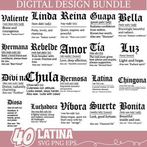 May include: Digital design bundle featuring 40 Latina-themed SVG, PNG, and EPS files. Includes words like "Valiente," "Linda," "Reina," and "Bella," each with a definition. Perfect for digital design projects.