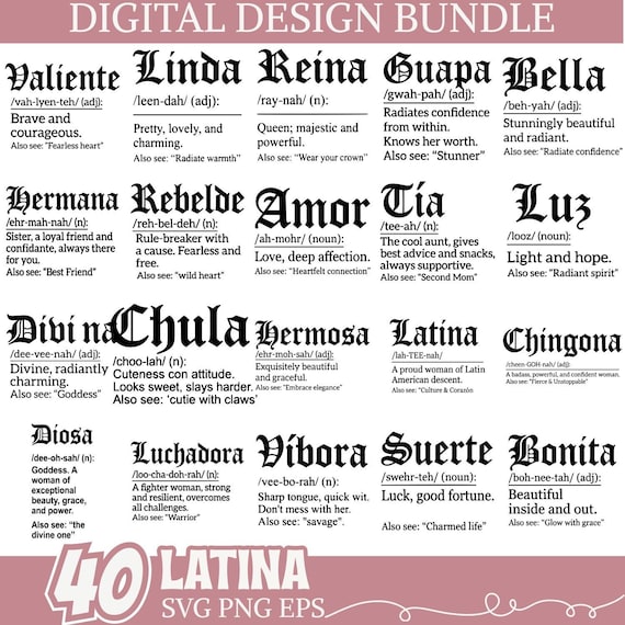 Latina SVG Bundle Spanish Words Definition Art Feminist Quotes Chingona Diosa Reina Amor Luchadora Digital Files for Cricut Shirts