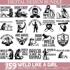 Paquete SVG "Soldar como una chica", citas de mujeres soldadoras, Iron Lady TIG Queen, archivos PNG EPS para diseño de camisetas de sublimación Cricut
