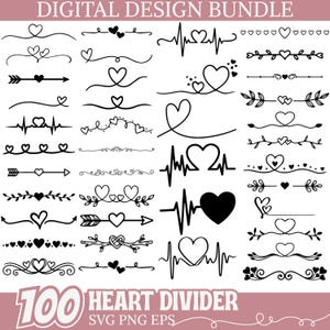 Puede incluir: Un paquete de diseño digital con 100 divisores de corazón en blanco y negro. Los diseños incluyen corazones, flechas y elementos florales. El texto en la parte superior dice "DIGITAL DESIGN BUNDLE" y en la parte inferior "100 HEART DIVIDER SVG PNG EPS".