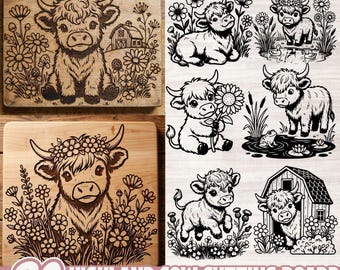 Pacchetto SVG per tagliere di mucca delle Highlands, graziosi disegni di incisione su legno di animali da fattoria, file di taglio laser di mucca floreale PNG EPS Cricut Glowforge