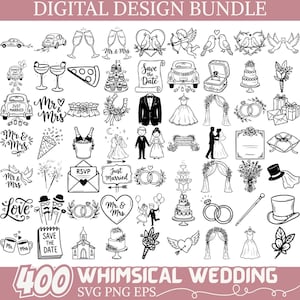 May include: A digital design bundle with whimsical wedding illustrations in black and white. The collection includes wedding cakes, rings, couples, cars, and text that says "Mr & Mrs", "Save the Date", and "Just Married".