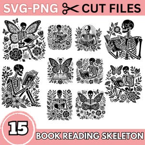 Buch lesen Skelett SVG PNG-Dateien, Skelett mit Bücher Clipart, Blumenskelett Schnittdateien für Cricut, Halloween Craft Designs