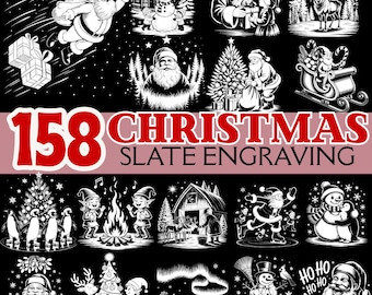 Christmas Slate Engraving PNG Bundle | Vintage Santa Claus, Snowman & Reindeer Designs | Inverted Retro Holiday Clipart for Laser Engraving