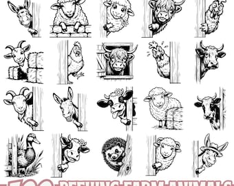 Peeking Farm Animals SVG Bundle, Cute Barn Animal Clipart for Cricut Silhouette, Farm Peek Designs PNG EPS Digital Download Files