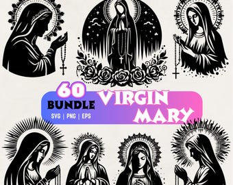 Virgin Mary SVG PNG EPS Bundle for Cricut Silhouette | Religious Catholic Blessed Virgin Mary Clipart | Holy Mother Rosary Designs