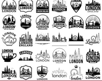 Paquete de archivos SVG, PNG y EPS de Londres, con monumentos, horizontes y viajes, archivos Cricut, estilo vintage y de ciudad. Descarga digital.