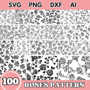 Lot de motifs roses - Floral SVG, Png, Dxf, fichiers numériques AI pour Cricut & Silhouette, conception de roses sans couture pour travaux manuels
