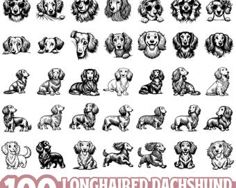 Longhaired Dachshund Dog Clipart Bundle PNG SVG EPS | Cute Wiener Dog Sublimation Designs for Cricut Silhouette and Printing