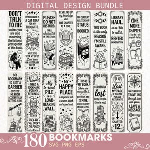 May include: A digital design bundle featuring 180 black and white bookmarks with various literary quotes and illustrations, including stacks of books, reading figures, clocks, and compasses, presented in a vertical rectangular format for printing.