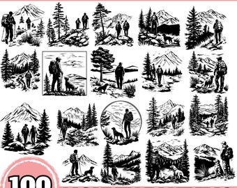 Mountain Hiking SVG Bundle, Outdoor Adventure PNG, Wilderness Camping Clipart, Nature Silhouette Cut File, Trekking Cricut Sublimation