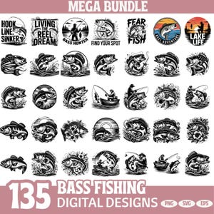 May include: A collection of 135 bass fishing digital designs in black and white. The designs include illustrations of fish, fishermen, and fishing-related phrases such as "Hook Line Sinker" and "Fear No Fish". The designs are available in PNG, SVG, and EPS formats.