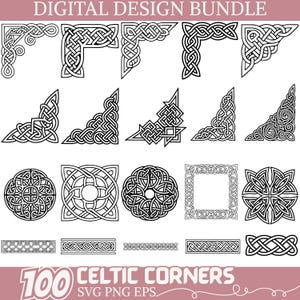 Puede incluir: Paquete de diseño digital con 100 esquinas celtas en formatos SVG, PNG y EPS. La imagen muestra varios diseños de nudos celtas en blanco y negro, incluyendo esquinas, bordes y patrones circulares. El texto en la parte superior dice "DIGITAL DESIGN BUNDLE".