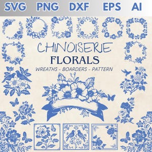 Chinoiserie Blue Floral Clipart Bundle - SVG PNG DXF Eps - Digital Floral Wreaths, Borders & Patterns for Crafts