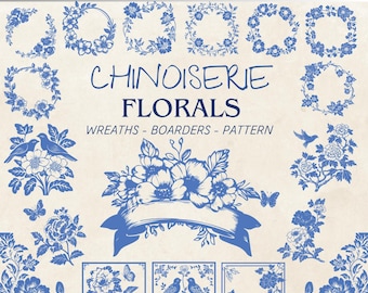 Paquete de imágenes prediseñadas de flores azules chinoiserie: SVG, PNG, DXF, Eps: coronas florales digitales, bordes y patrones para manualidades