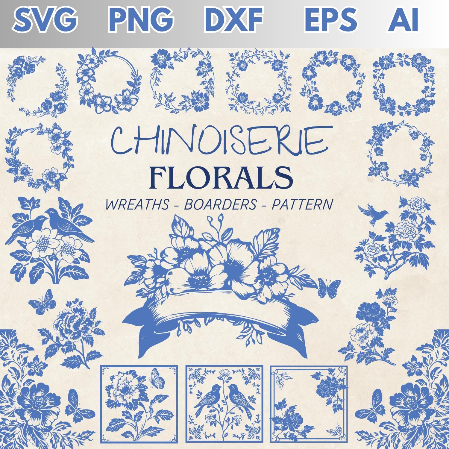 Chinoiserie Blue Floral Clipart Bundle - SVG PNG DXF Eps - Digital ...