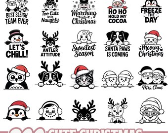 Cute Christmas SVG PNG Bundle | Santa Reindeer Snowman Cat Dog Penguin Vector Designs | Holiday Clipart for Cricut Silhouette Crafts