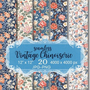 Vintage Chinoiserie Seamless Patterns, 20 Elegant Floral Digital Papers, Blue & Gold Oriental Design, JPG PNG, Fabric Prints
