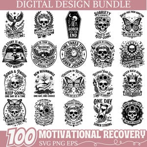Può includere: Un pacchetto di design digitale con 100 design motivazionali per il recupero in bianco e nero. I design includono teschi, farfalle e citazioni ispiratrici. Il testo "DIGITAL DESIGN BUNDLE" e "100 MOTIVATIONAL RECOVERY" sono in alto e in basso.