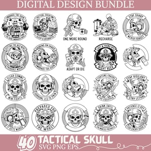 Pode incluir: Um pacote de design digital com 40 designs de caveiras táticas em preto e branco. Cada design apresenta uma caveira com equipamento tático, com frases como "Adapt or Die" e "Stay Vigilant". O texto "Digital Design Bundle" está no topo.