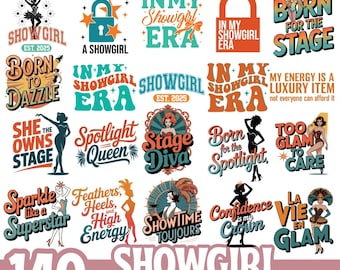 Zestaw SVG Mega z Showgirl | 140 czarujących cytatów i wzorów Showgirl | Diva Era SVG PNG Eps | Klipart Sparkle Stage Queen dla Cricut