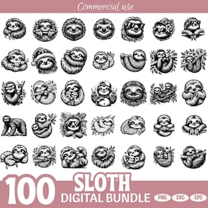 Sloth SVG PNG EPS Bundle | 100 Cute and Funny Sloth Clipart Designs for Cricut Sublimation and Animal Lovers | Lazy Jungle Animal Art Set