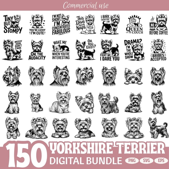 Yorkshire Terrier SVG Bundle with Funny Dog Quotes, 150 Digital Yorkie Clipart Designs for Cricut, PNG Eps SVG Dog Lover Engraving Files