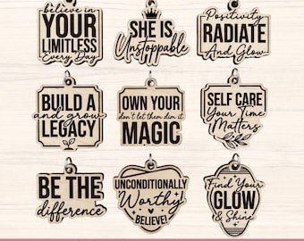 Paquete de llaveros motivacionales en formato SVG: 100 frases inspiradoras para grabado láser (descarga digital)