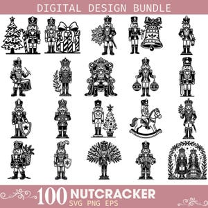 May include: A digital design bundle featuring 100 black and white illustrations of nutcracker figures in various poses, including with Christmas trees, gifts, drums, rocking horses, and musical instruments, labeled Digital Design Bundle.