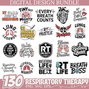 Puede incluir: Un paquete de diseño digital con 20 diseños con temas de terapia respiratoria. Los diseños incluyen texto y gráficos relacionados con la respiración, los pulmones y el cuidado respiratorio. La paleta de colores incluye rojo, negro y blanco. También se incluye el texto "130 Respiratory Therapy".