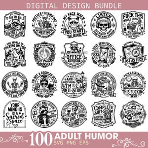 May include: A digital design bundle featuring 20 black and white circular and shield-shaped graphic illustrations with adult humor text. The designs include skeletons, raccoons, and various icons with phrases like 'I hate people' and 'I'm not anti-social'.
