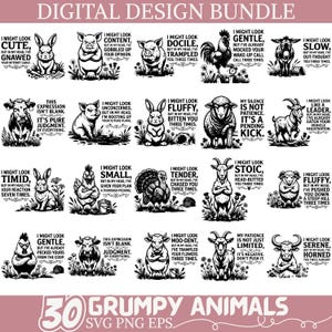 May include: A digital design bundle featuring 30 grumpy animal illustrations in black and white. Each animal has a unique expression and a humorous phrase. The text "Digital Design Bundle" and "30 Grumpy Animals" are also included.