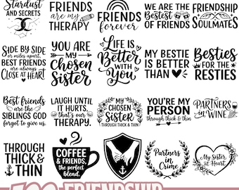 May include: Digital design bundle featuring various friendship-themed quotes and graphics. Includes phrases like "Friends are my therapy," "Best friends are the siblings God forgot to give us," and "Partners in crime." Perfect for crafting projects.
