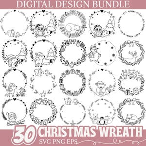 May include: A digital design bundle featuring 30 black and white Christmas wreath illustrations. The wreaths include various festive elements like animals, ornaments, gifts, and snowflakes. The text "DIGITAL DESIGN BUNDLE" and "30 CHRISTMAS WREATH SVG PNG EPS" are also present.