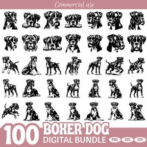 Puede incluir: Un paquete digital de 100 ilustraciones de perros Boxer en varias poses y estilos. Las imágenes son en blanco y negro, con las palabras "Boxer Dog Digital Bundle" e iconos de tipo de archivo. La frase "Commercial use" está en la parte superior.