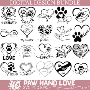 Op de afbeelding: Een digitale designbundel met 40 zwart-wit illustraties. De ontwerpen bevatten harten, pootafdrukken en handen, met woorden als "love", "forever" en "friend". De tekst "PAW HAND LOVE" en "SVG PNG EPS" is ook aanwezig.