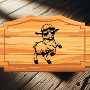 May include: A wooden sign with a black and white illustration of a sheep wearing sunglasses and a baseball cap. The sheep is standing on its hind legs and has a happy expression.